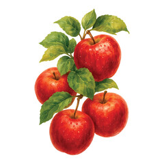 Red Apples with Leaves Isolated on White Background- Watercolour Art