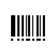 Barcode, a simple black icon of a standard barcode against a white background. It features a series of vertical black bars of varying widths, with a segmented line of shorter black blocks beneath them