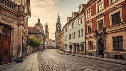 Fototapeta premium Cobblestone street with buildings and churches in dresden germany