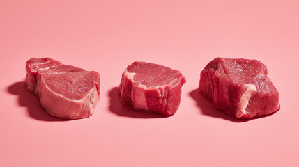 Fototapeta premium Three raw beef pieces on pink background, vivid color contrast, fresh uncooked meat with minimal food styling, concept for butchery or cooking content