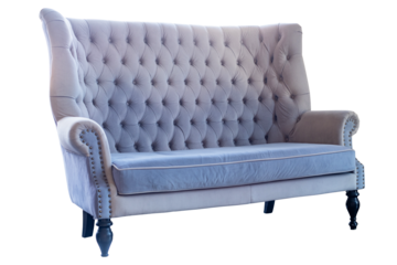 Elegant high back tufted sofa with velvet upholstery and studded armrests, perfect for luxury interiors, vintage decor, or furniture catalogs, isolated on transparent background. PNG File