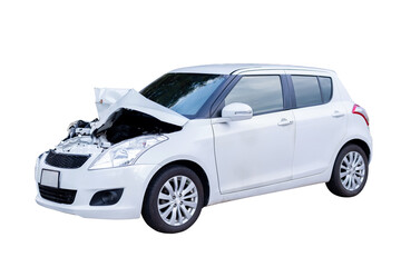 Car crash, Front and Side view of white sedan car get damaged by accident on the road. damaged cars after collision. isolated on transparent background. PNG File