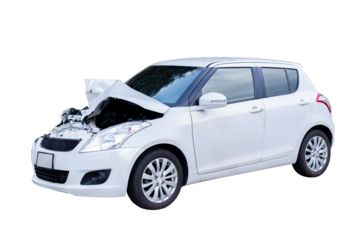 Car crash, Front and Side view of white sedan car get damaged by accident on the road. damaged cars after collision. isolated on transparent background. PNG File