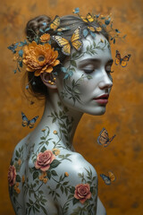 Vintage look of  woman with skin painted in metallic tones. Face painting with leaves, roses and fluttering butterflies. 