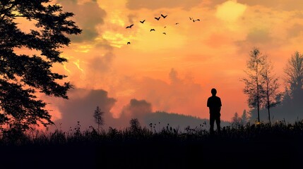 Fototapeta premium Silhouette of a person contemplating a vibrant sunset in nature.