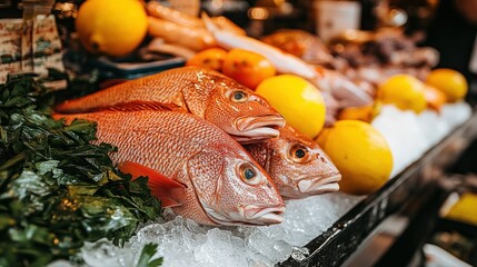 Fresh red fish on ice, surrounded by citrus fruits and herbs