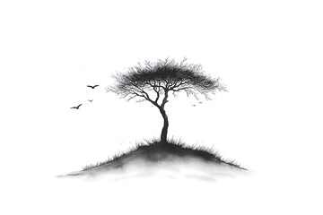 Fototapeta premium Lone Tree with Birds, Hill, and Minimalist.