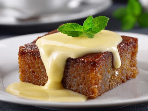 Savoring malva pudding with custard on a clean white plate perfect for dessert lovers and special occasions