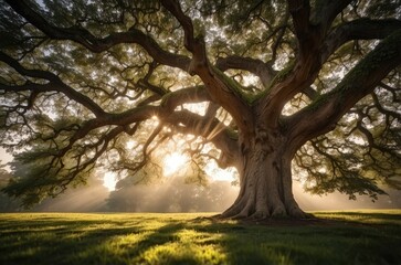 Obraz premium Sunlight shines through the sprawling branches of a majestic tree in a lush, green meadow.