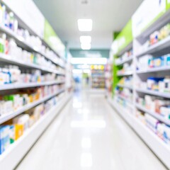 Pharmacy drugstore blur abstract backbround with medicine and healthcare product on shelves.