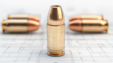 A single bullet stands upright on technical blueprints, with others blurred in the background and a wireframe overlay highlighting its structure.