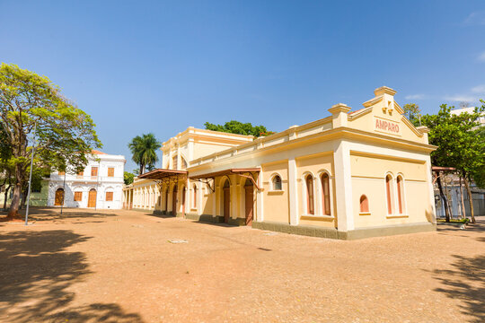 Square with old train station in the city center of Amparo, Sao Paulo