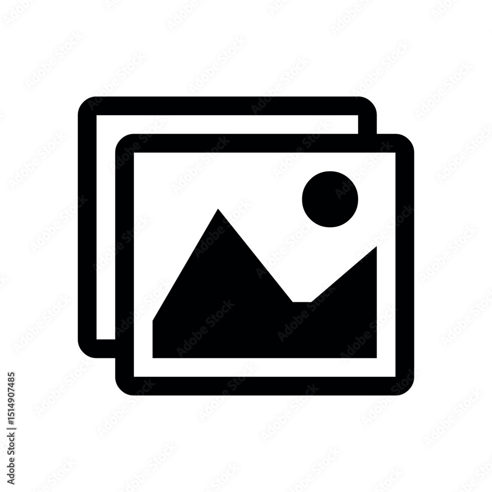 Poster a black icon of two overlapping picture frames, with the front frame showing a simplified landscape 