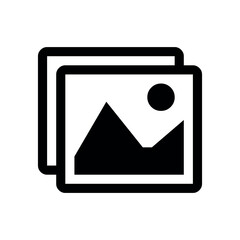 A black icon of two overlapping picture frames, with the front frame showing a simplified landscape of mountains and a sun/moon. It represents images, galleries, photos, or multimedia content