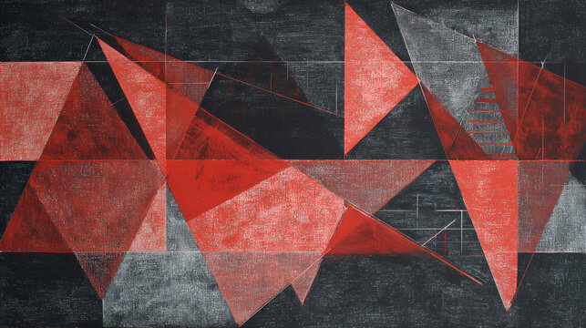 visual design for abstract art book | geometry of sound | ecstatic calm | orchestral red-black | chaotic harmony | cosmic triangles | translucent form overlays | gesture-based brushwork | synesthetic