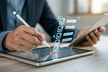 Business Professional Using Digital Checklist Interface, Interactive Planning and Task Management on Touchscreen Device for High Productivity and Goal Achievement in a Corporate Environment 