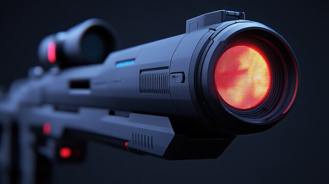 Close-up of a futuristic sniper rifle with a glowing red scope, set against a dark background.