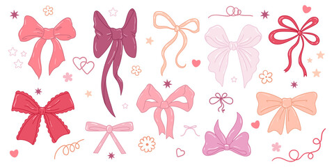 Set of hand-drawn decorative multi-colored bows. Collection includes various ribbon bows with different shapes, sizes, and tie styles, suitable for design projects, greeting cards, packaging, fashion