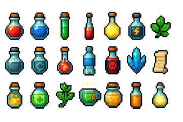Collection of Colorful Potion Bottles and Magical Items in Pixel Art