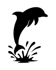 Illustration of a dolphin silhouette jumps out of the water creating a splash isolated on white background