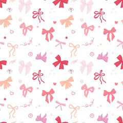 Seamless pattern with various bow knots, gift ribbons. Hand drawn trendy Vector illustration. Wedding celebration, holiday, party decoration, gift, present concept. seamless Pattern on white