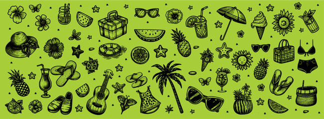 Set of Summer Pattern Backgrounds, Bright and Seasonal Designs, A vibrant collection of seamless summer-themed patterns featuring tropical elements, sunny motifs, and refreshing seasonal vibes.
