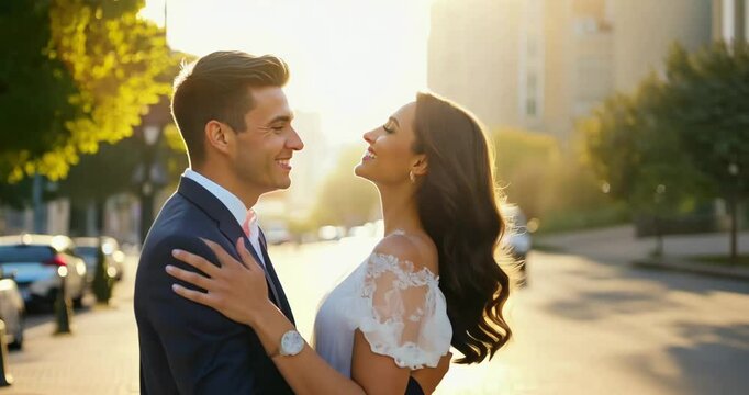 The camera moves around a couple embracing on the street, smiling warmly, with gentle wind blowing through the trees and sunlight illuminating their faces