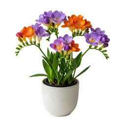 Naklejka premium Vibrant Freesia Blooms in a Modern Pot: A Stunning Floral Display