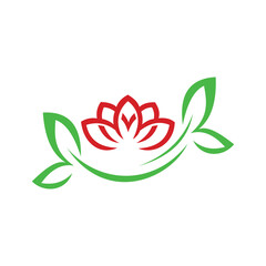 Elegant red lotus flower with green leaves minimalist line art design for wellness and spa logo