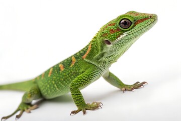Obraz premium Green lizard isolated on white background, a vibrant reptile with an eye-catching gaze, perfect for themes of nature and wildlife