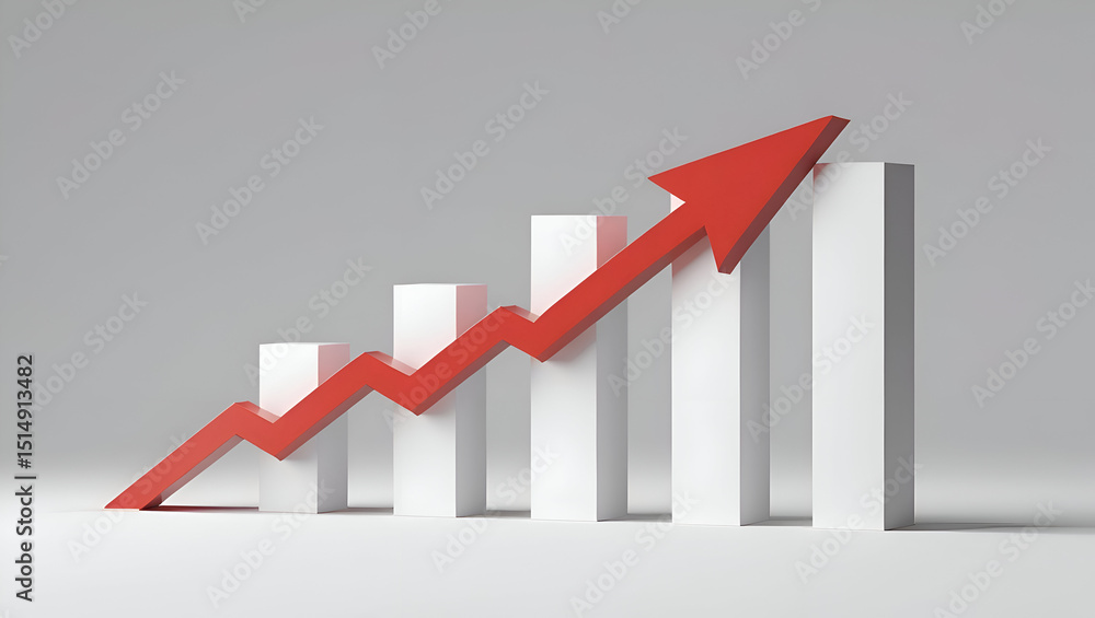 Poster red arrow pointing upwards on white bar graph chart