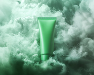 Green cosmetic tube levitates among smoke cloud. Mystic horizontal mockup of cream with light texture and natural plant ingredients. Creative presentation of matte plastic packaging
