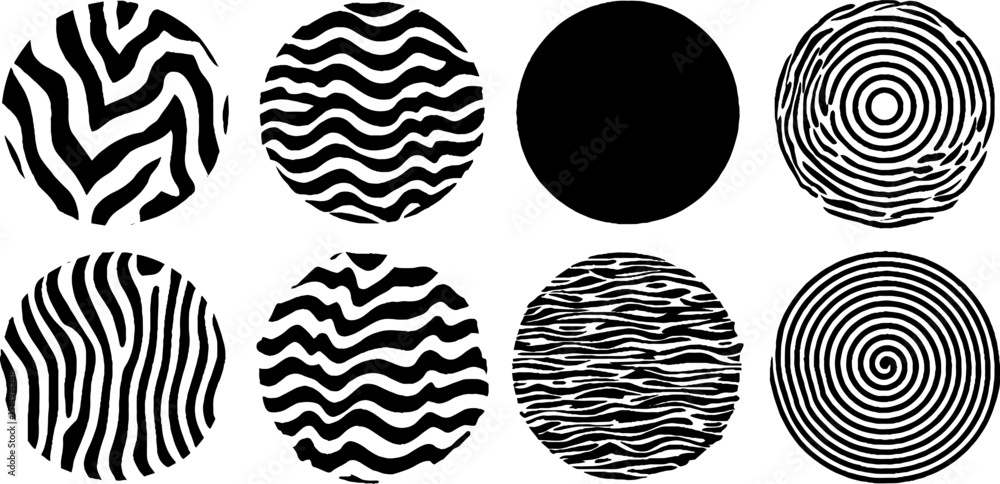Poster abstract black and white circular patterns with stripes and spirals for design