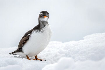 Adorably cute gentoo penguins on snow-covered rocks in the wild, icy Antarctic