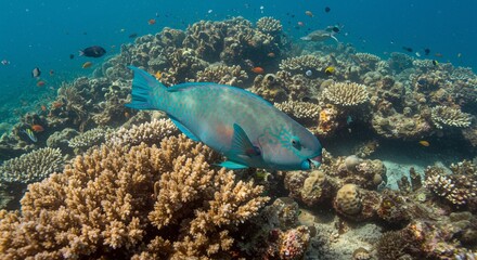 Obraz premium Colorful Parrotfish Feeding on Coral in Reef – Underwater Marine Life Scene