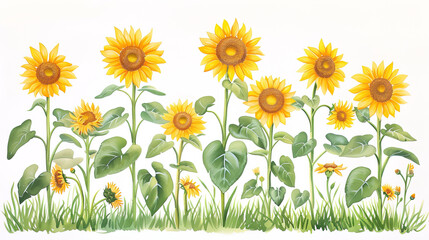 Vibrant Watercolor Sunflowers in a Field