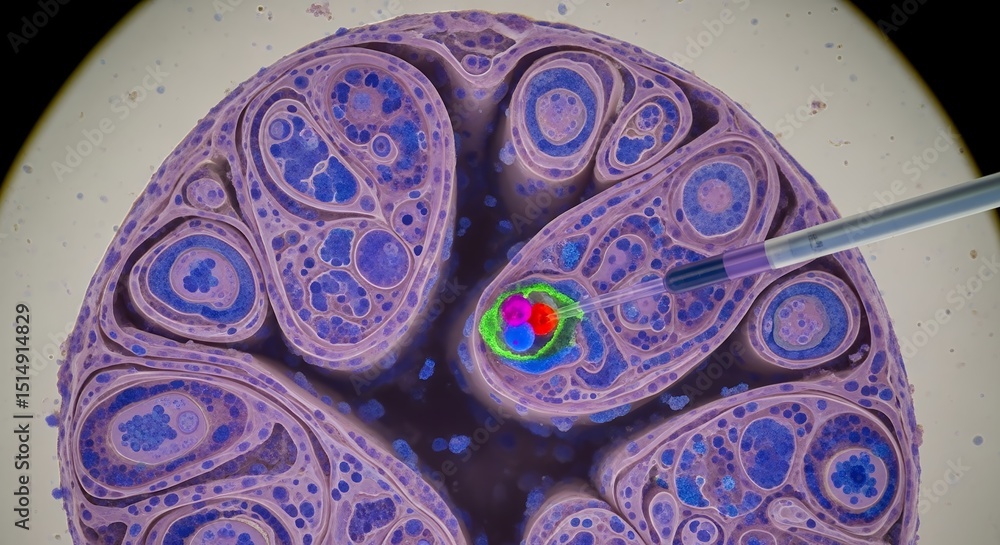 Poster microscopic view of cell injection: abstract purple cellular structure with micropipette, biomedical