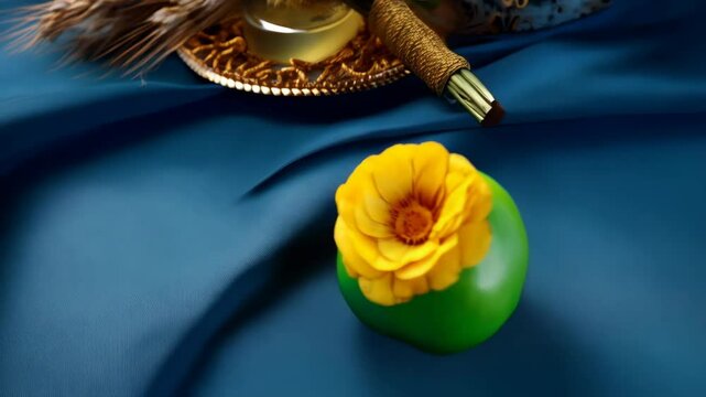 Elegant display featuring wheat stalks, esrog fruit, lulav palm branch, and a golden myrtle branch atop a fancy decorative gold plate.