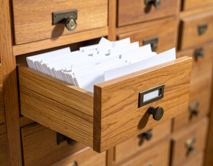 A library card catalog drawer slightly opened, revealing blank index cards ready for use.