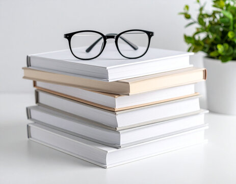 A stack of crisp notebooks and textbooks sits beside a pair of glasses on a light background, suggesting readiness for study.