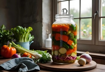 fermented various fresh vegetables in clear glass jars