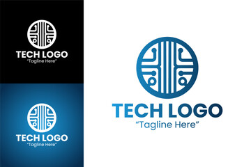 Modern Tech Logo Design with Digital Circuit and Abstract Icon in Blue