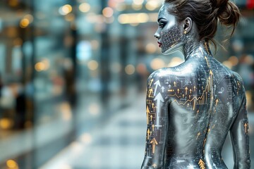 Bars, graphs and rising arrows painted on woman  silver body. Growth, success of business concept. Glass, metal, reflections in modern urban backdrop.