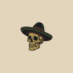 Skull with sombrero hat with engraved style design vector vintage