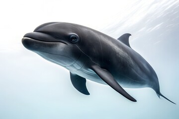 Fototapeta premium An illustration of a swimming marine animal, like a dolphin or shark, isolated on a white background with blue underwater elements