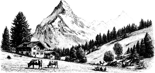 Engraved alpine cow pasture with mountain landscape and rustic chalets