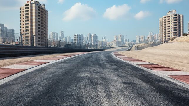 A wide, empty racetrack curves through a modern cityscape with tall buildings under a partly cloudy sky.