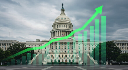 Fototapeta premium US Capitol building with rising green economic growth and progress graph 