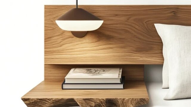 Modern wooden bedside table with books and a stylish lamp, set against a minimalist bedroom backdrop