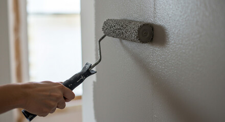 Hand using paint roller tool on interior wall improvement project

